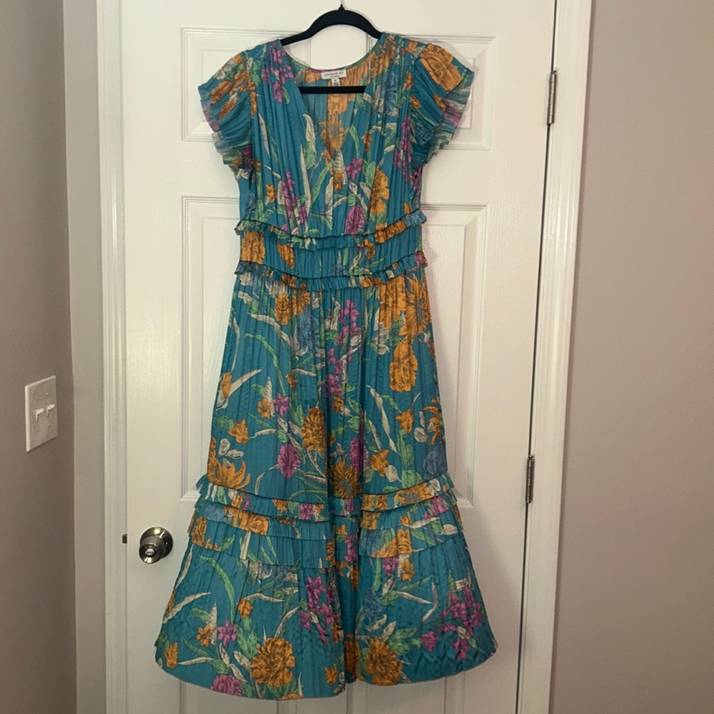 Current Air Vibrant BLUE, Pleated Floral Midi Dress - size Medium